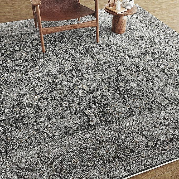 PureCozy Vintage Area Rug 8x10 Black Washable Living Room Large Carpet Non Slip Bedroom Indoor Office Low Pile Traditional Distressed Retro Accent Rug for Dining Room