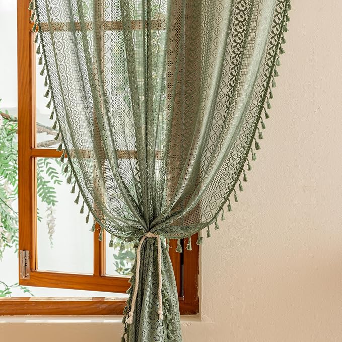 Sutuo Home Boho Lace Curtains 2 Panels 96 Inches Long for Bedroom&Living Room,Sheer Curtain French Country Decor Privacy Vintage Chic Tassels Cottage Style Christmas Rustic Rod Pocket,50"W Olive Green