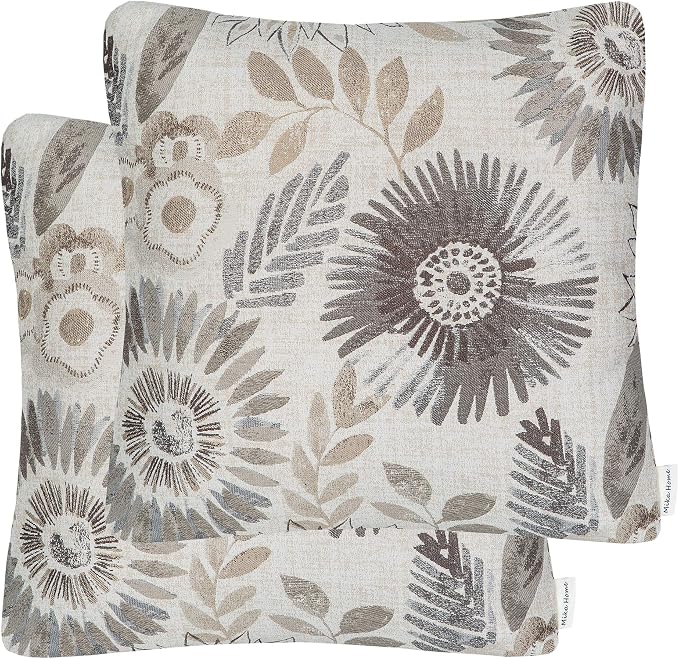Mika Home Pack of 2 Throw Pillow Covers Decorative Pillow Cases for Sofa Couch Bed,Sunflower Pattern,22x22 Inches,Grey Cream
