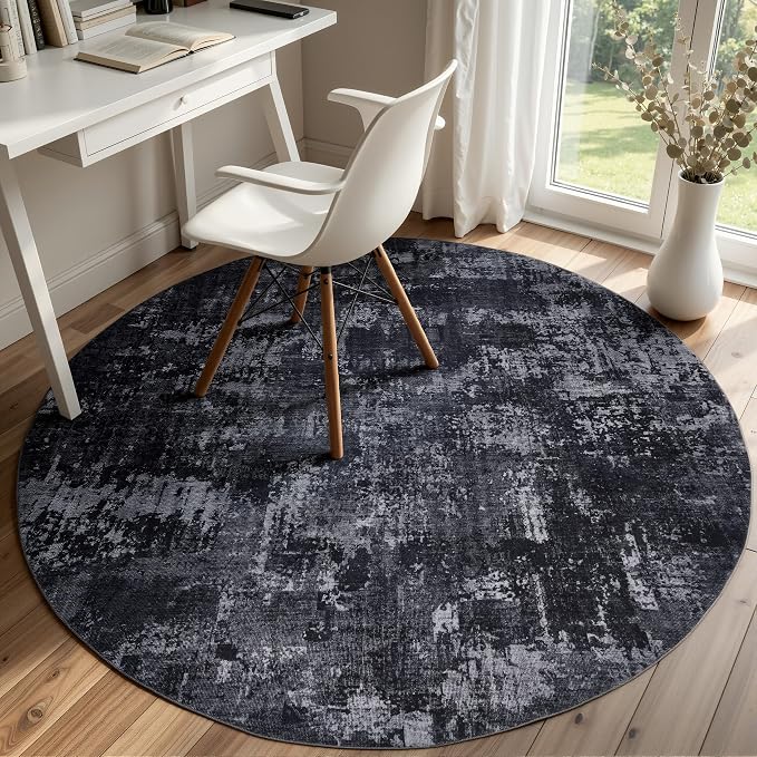 Sasttie 4ft Soft Round Area Rug, Modern Abstract Washable Circle Carpet for Living Room, Bedroom, Dining Room Table, with Non-Slip Backing, Black and Grey