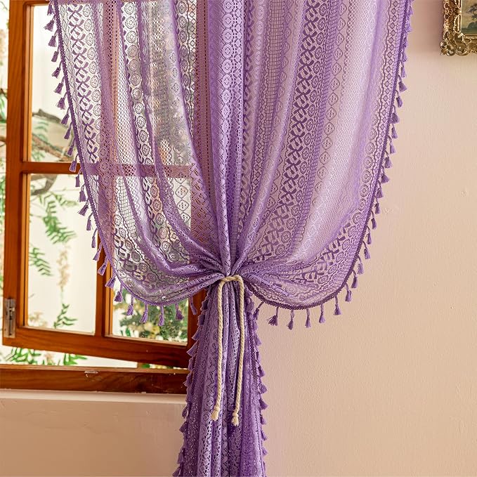 Sutuo Home Lavendar Sheer Boho Curtains 84 inches Long for Bedroom Living Room, Lace Purple Bohemian Tassels Vintage Crochet Privacy Window Curtains Drapes Farmhouse Decor, Rod Pocket 1 Panel 59" W