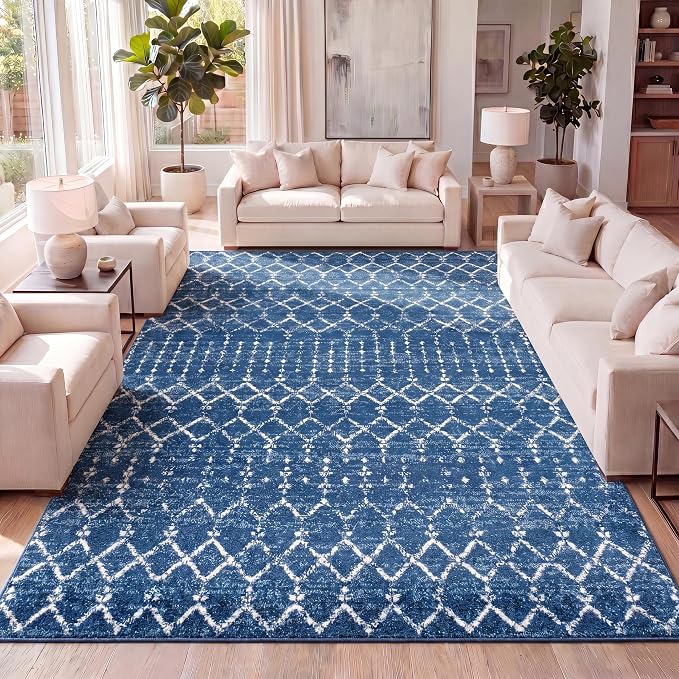 JONATHAN Y Boho Vintage Diamond Blue/White Indoor Area Rug 5X8 ft, Moroccan Hype for Living Room, Bedroom, Kitchen, Office, Easy-Cleaning, High Traffic, Pet-Friendly, Non-Shedding (MOH101A-5)