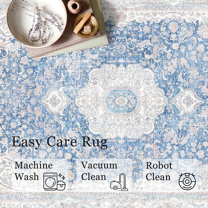 Blue Rug 3x5,Washable Area Rugs for Bedroom Living Room Kitchen Entryway,Small Boho Vintage Bohemian Distressed Non Slip Carpet,Floral