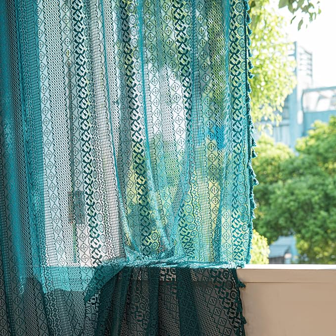 Sutuo Home Boho Curtains 84 inches Long for Bedroom Living Room, Crochet Lace Sheer Bohemian Hollow Knitted with Tassels,Window Treatment Drapes, Rod Pocket 1 Panel 59" W x 84" L, Turquoise