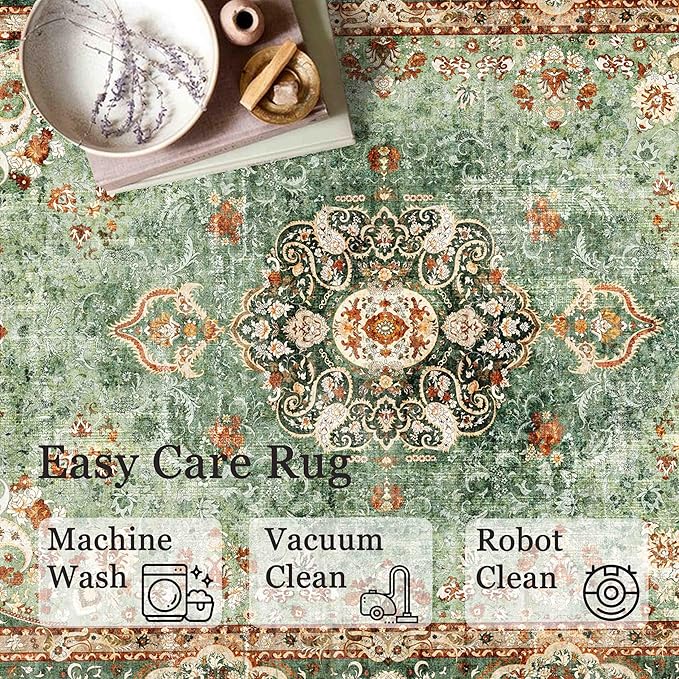 Washable Runner Rug 2'x6',Green Rug Runners Non Slip,Long Boho Rugs for Hallways Kitchen Bedroom Entryway Living Room Bathroom,Vintage Bohemian Distressed Oriental Floor Carpet