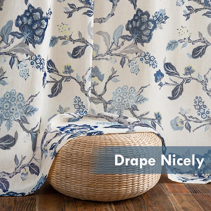 DriftAway Ada Floral Botanical Print Flower Leaf Lined Thermal Insulated Room Darkening Linen Blend 100% Blackout Back Tab Window Curtains 2 Layers Set of 2 Panels Each 52 Inch by 63 Inch Navy