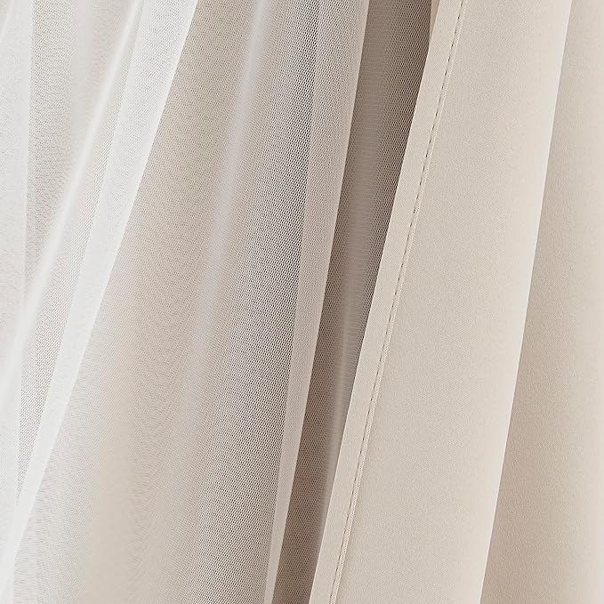 Bujasso Beige 80% Blackout Curtains with Sheer Overlay Mix and Match Double Layer Thermal Insulated Window Panels 108 inch for Living Room Bedroom Beige Drapes with Tiebacks Grommet Top 37" Wx108 Lx2