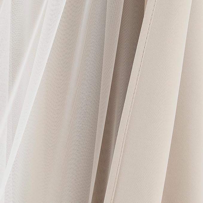 Bujasso Beige Moderate Blackout Curtains with Sheer Overlay Mix and Match Double Layer Thermal Insulated Window Panels 72 inch for Bedroom Beige Drapes with Tiebacks Grommet Top 37" Wx72 Lx2