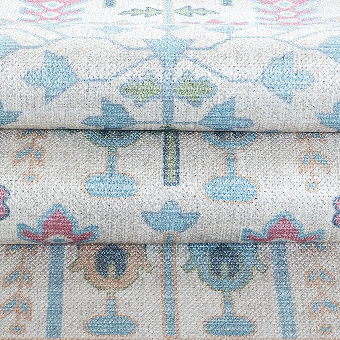 Fame Living Cream Blue Oushak Rug, Modern, Vintage, Turkish, Eclectic, Floral, Pastel, Washable, Area Rugs for Living Room, Dining, Bedroom, Office, Entryway, Foyer, Playroom, Nursery, 5'x6'9"