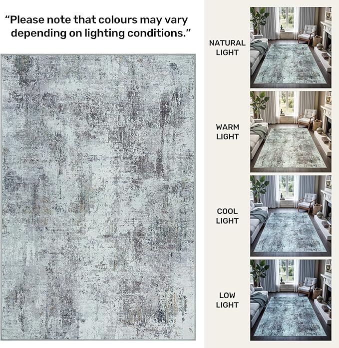 GLN Rugs Contemporary Collection - Machine Washable Area Rug, Contemporary Washable, Non Slip, Low Pile Chenille Rug, Living Room, Bedroom, Kitchen Rug (3' x 5' Grey/Green)