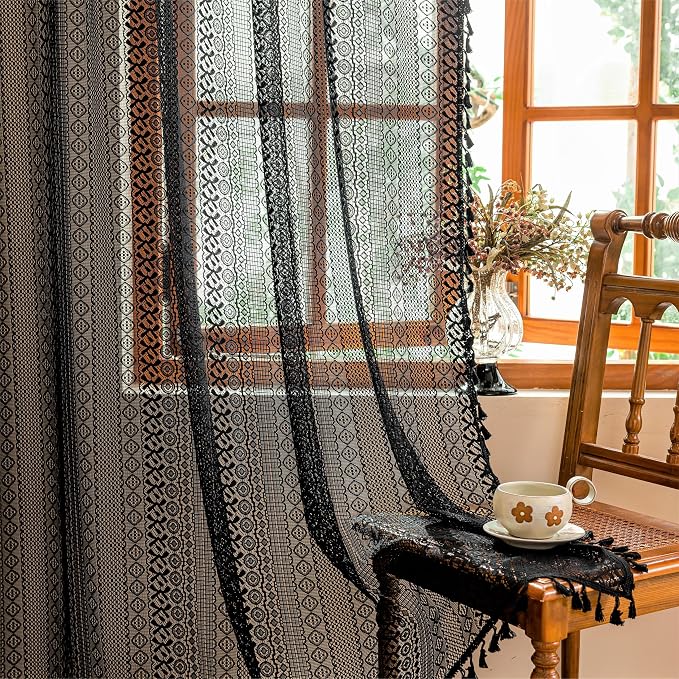 Sutuo Home Black Boho Lace Curtains 96 inches long for Living Room Dining Room, Semi Sheer Curtains Farmhouse Privacy Crochet Vintage Chic Tassels Bohemian Style Rod Pocket Retro Decor, 2 Panels 50" W