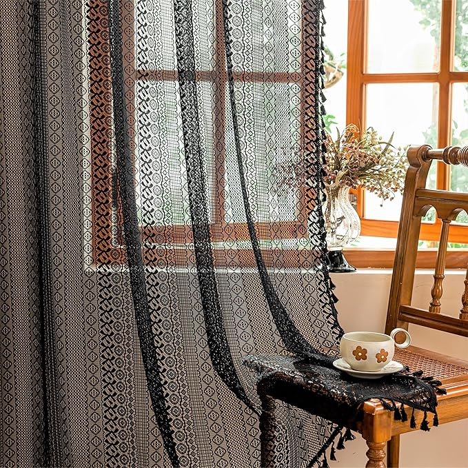 Sutuo Home Lace Boho Curtains 2 Panels for Kitchen Nursery, Semi Sheer Curtains Crochet Vintage Chic Tassels Bohemian Rustic Long Strips Privacy Window Treatments Geometry Rod Pocket, 50" x 63" Black