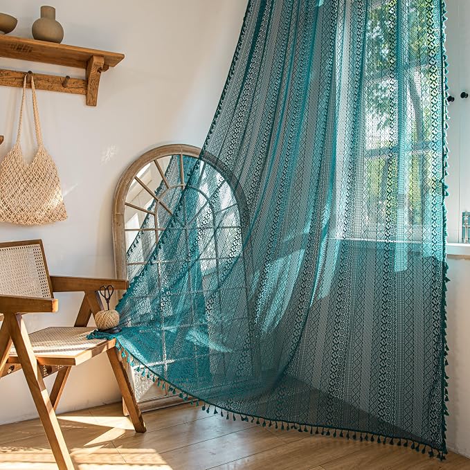 Sutuo Home Boho Curtains 108 inches Long for Bedroom Living Room Patio Doorway, Crochet Lace Sheer Bohemian with Tassels,Window Treatment Drapes, Single 1 Panel 59" W x 108" L, Turquoise