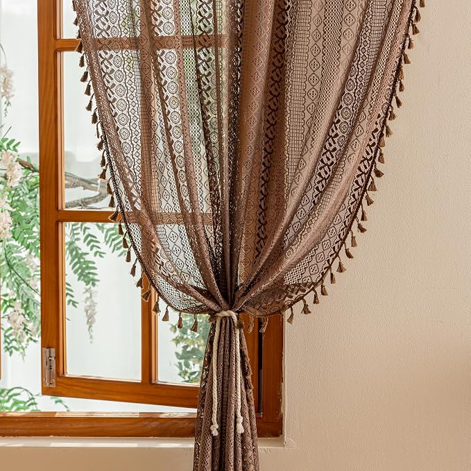 Sutuo Home Dark Coffee Boho Lace Curtains 72 inches Long for Nursery Bedroom, Sheer Curtains Light Filtering Caramel Privacy Vintage Chic Tassels Bohemian Window Treatments Rod Pocket, 2 Panels 50" W