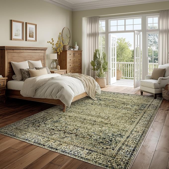 BILEEHOME Washable 6x9 Area Rugs for Bedroom Aesthetic,Cozy Soft Neutral Distressed Floral Dark Olive Green Decor Vintage Boho Rug for Living Room Bed Room Dining Room
