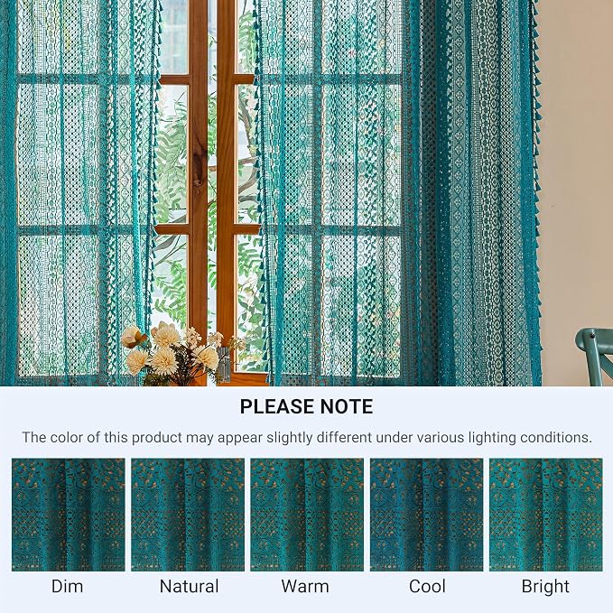 WAZZIO Boho Lace Curtains 45 Inches 2 Panel,Light Filtering Privacy Tassel & Geometry Crochet Semi Sheer Curtain Drapes for Bedroom Living Dining Room,Rod Pocket & Tassel,Coastal Style,Teal