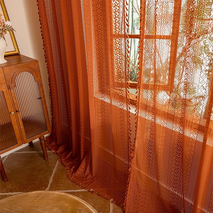Sutuo Home Lace Boho Curtains 2 Panels for Living Room Bedroom, Semi Sheer Curtains French Country Privacy Vintage Chic Tassels Burnt Orange Rustic Halloween Decor Rod Pocket, 50" x 108" Terracotta