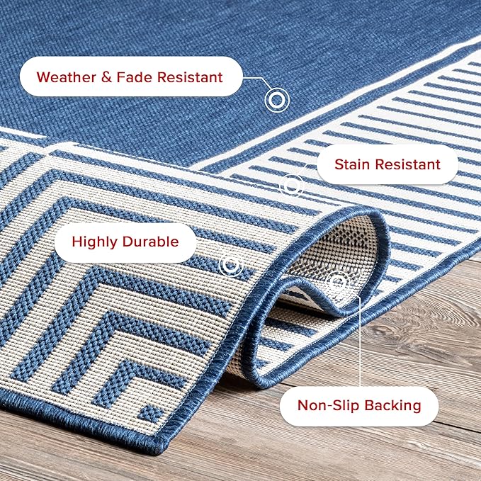 Nuloom Asha Navy/Ivory, 2' x 3', Casual, Striped Border, Soft and Cozy, High Traffic, Easy Clean, Durable Area Rug for Indoor/Outdoor Patio, Deck, Porch, Garden, Courtyard
