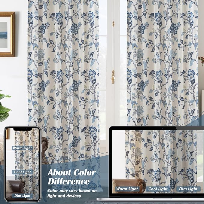 DriftAway Ada Floral Botanical Print Flower Leaf Lined Thermal Insulated Room Darkening Linen Blend 100% Blackout Back Tab Window Curtains 2 Layers Set of 2 Panels Each 52 Inch by 63 Inch Navy