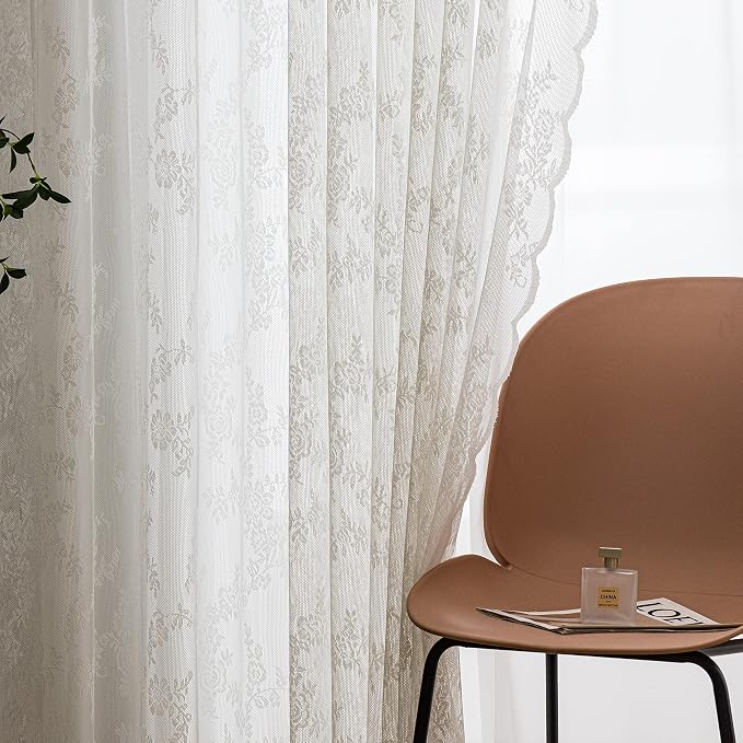 Sutuo Home White Lace Curtains 84 Inches Long 2 Panels Set, Victorian Sheer Country Retro Florals Vintage Voile Window Treatment for Girls Bedroom/Living Room/Old World Decor Rod Pocket W57 x L84