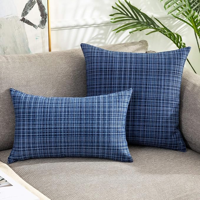 Kevin Textile Pack of 2 Decorative Outdoor Waterproof Throw Pillow Covers Stripe Square Pillowcases Modern Cushion Cases for Patio Couch Bench 18 x 18 Inch Navy Blue