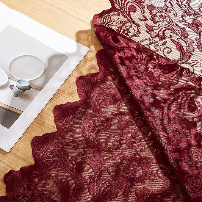 Bujasso Burgundy Red Lace Sheer Curtains for Bedroom Living Room, Victorian Floral Embroidered Wine Red Window Drapes with Scalloped Edge, Light Filtering&Privacy, Grommet Top 2 Panels 52Wx102L Inches