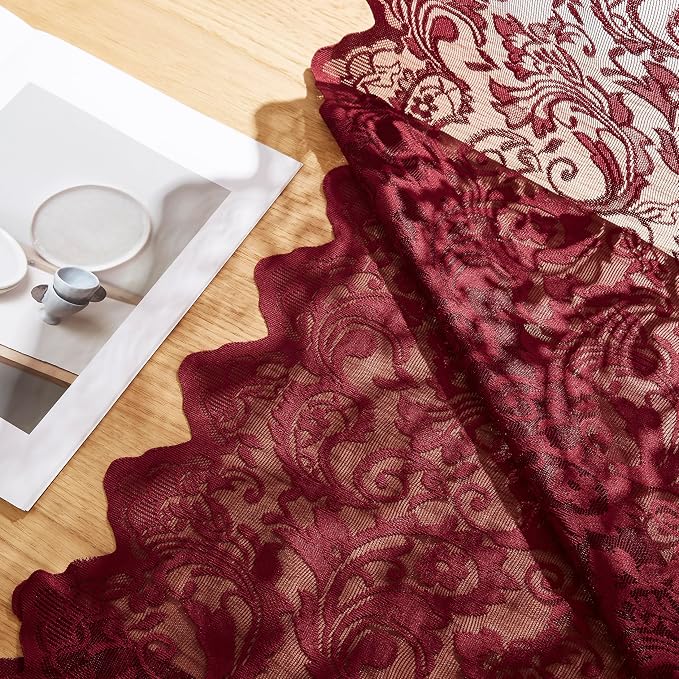 Bujasso Burgundy Red Lace Sheer Curtains 84 inch Length for Bedroom Living Room, Victorian Floral Embroidered Wine Red Window Drapes with Scalloped Edge, Light Filtering&Privacy, Rod Pocket 52Wx84Lx2