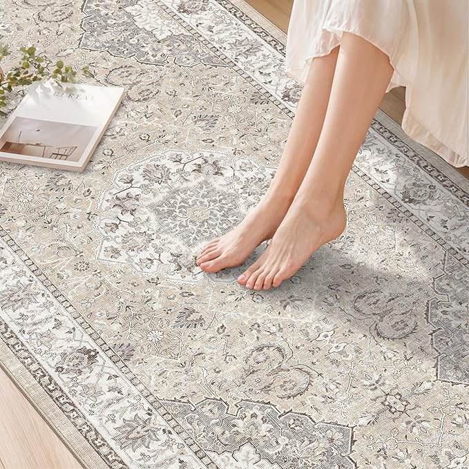 Washable Hallway 3x4 Floor Mats: Farmhouse Non-Slip Kitchen Sink Area Rug Water-Resistant Small Carpet for Living Room Bathroom Thin Soft Doormat Easy-Clean Decorative Rug for Pets Family(3x4,Beige)