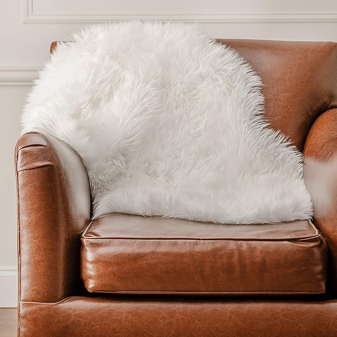 Chanasya Super Soft Faux LongFur Suede Fake Sheepskin for Sofa Couch Stool Vanity Chair Cover Luxurious Fluffy Rug Solid Shaggy Area Rugs for Living Bedroom Floor - Off White 2ftx3ft
