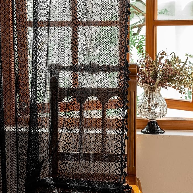 Sutuo Home Black Boho Lace Curtains 96 inches long for Living Room Dining Room, Semi Sheer Curtains Farmhouse Privacy Crochet Vintage Chic Tassels Bohemian Style Rod Pocket Retro Decor, 2 Panels 50" W