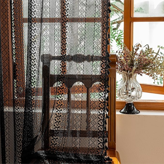 Sutuo Home Black Boho Sheer Curtains 84 inches Long for Bedroom Living Room, Bohemian Lace Window Curtains Crochet Privacy Farmhouse Vintage Chic Tassels Darkening Decor Rod Pocket, 2 Panels 50" W