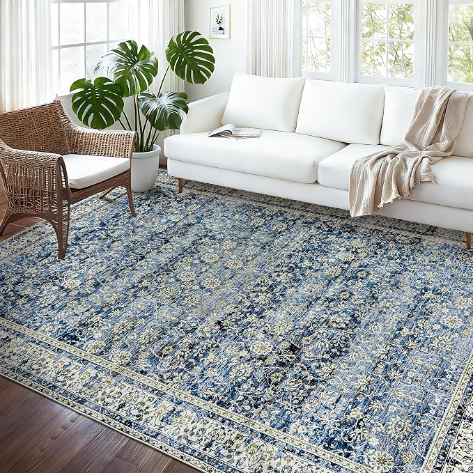 Large Area Rug for Living Room Vintage Blue Non Slip Washable Rugs 9x12 Neutral Boho Distressed Design Low Pile Stain Resistant Carpet for Bedroom Dining Room Office 9 x 12,Blue
