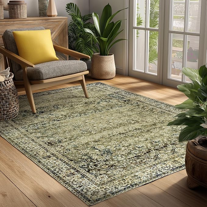 Olive and Tan Boho Front Door Mat for Indoor Entrance Washable Non Slip Cute Vintage Floral Aesthetic Area Rugs for Entryway Entry 4x6
