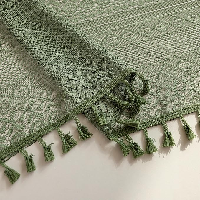Sutuo Home Olive Green Boho Sheer Curtains 72 Inches Long for Kitchen Bedroom, Lace Curtains Bohemian French Country Privacy Crochet Light Filtering Vintage Tassels Christmas Rod Pocket,2 Panels 50"W