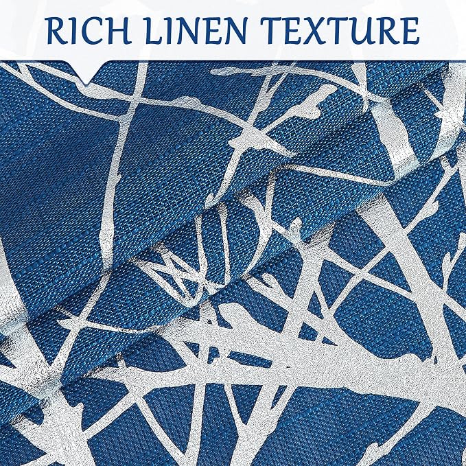 FMFUNCTEX Linen Semi Sheer Curtains for Bedroom & Living Room, Silver Metallic Print Navy Blue Tree Panel, Light Filtering, 63 Inches Long, 2 Panels