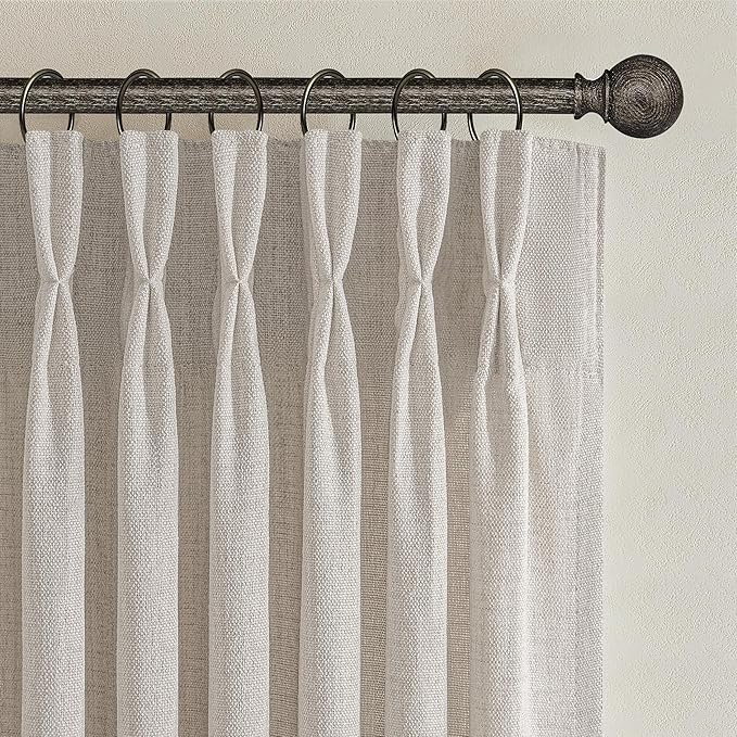 Greyish Brown Pinch Pleated Light Filtering Room Divider Curtains 95 Inches Long 2 Panels Set, Memory Trained Natural Linen Semi Sheer 94-96 Inch Non See Through Privacy Decorative Window Drapes Burg