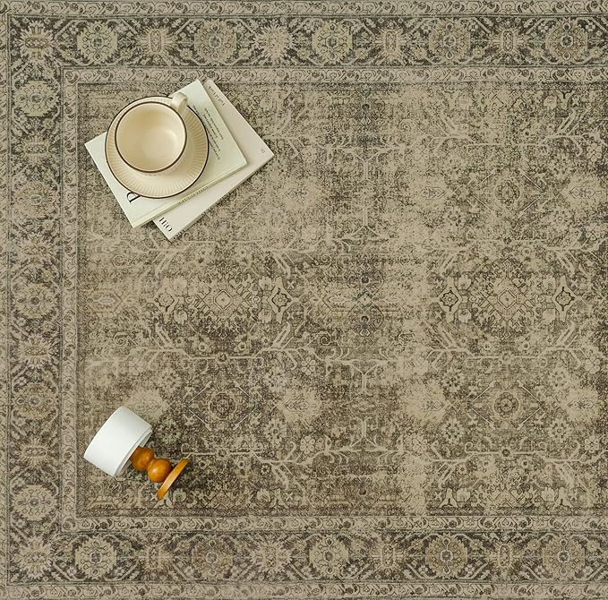 PureCozy Vintage Area Rug 4x6 Light Brown Bedroom Indoor Kitchen Washable Living Room Carpet Tribal Distressed Retro Accent Throw Rug for Office Dining Room Bathroom Faux Wool