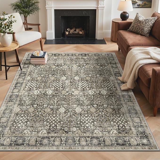Bavni Washable Rugs 9x12 Machine Washable Rug Lightweight Low Pile, Vintage Floral Rug Non-Shedding Distressed Throw Carpet for Living Room Bedroom Office, Beige Brown