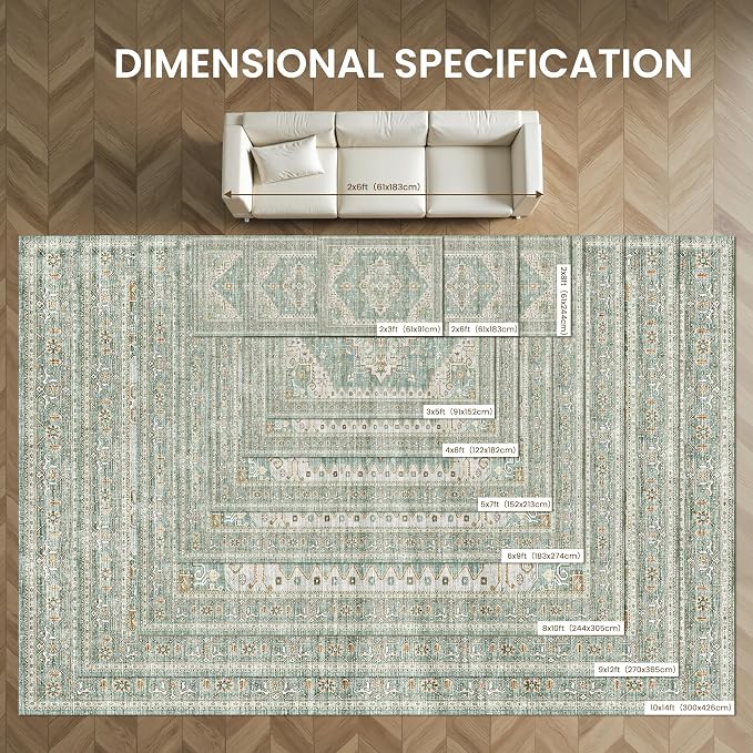 Area Rugs for Living Room - 3x5, Boho Non-Slip Low Pile Carpet Machine Washable Rugs for Bedroom, Farmhouse, Office, Dining Room (Green)