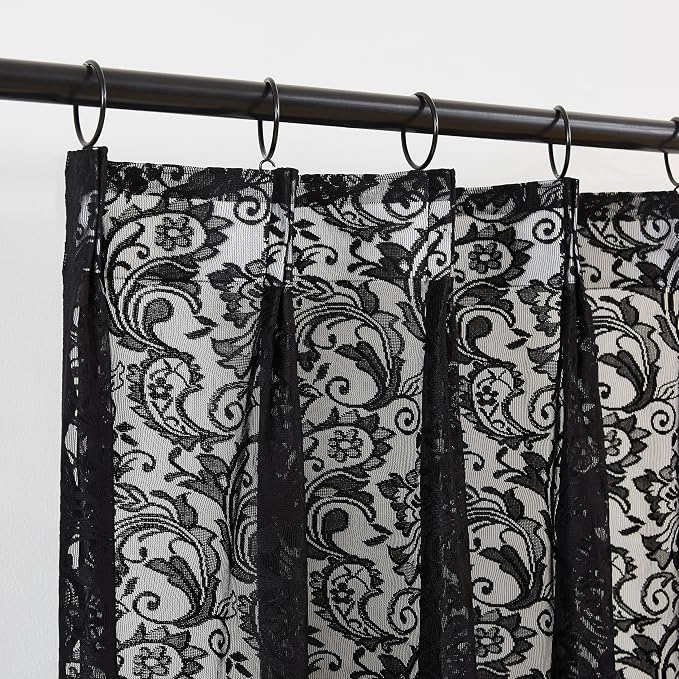 Bujasso Black Lace Pinch Pleat Curtains 63 inch,Gothic Vintage Floral Sheer Drapes with Hooks & Rings, Baroque Damask Scalloped Edge Light Filtering Window Panels for Bedroom Living Room, 40"Wx63"Lx2