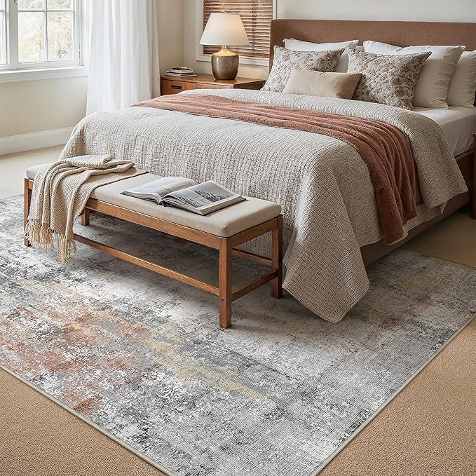 5x7 Washable Area Rug Rust Grey Abstract Non Slip Soft Low Pile Rug for Living Room Bedroom Dining Room Office Neutral Modern Indoor Throw Carpet for Home Decor