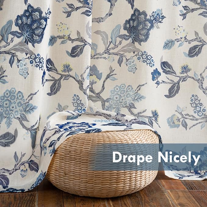 DriftAway Ada Floral Botanical Print Flower Leaf Lined Thermal Insulated Room Darkening Linen Blend 100% Blackout Back Tab Window Curtains 2 Layers Set of 2 Panels Each 52 Inch by 96 Inch Navy
