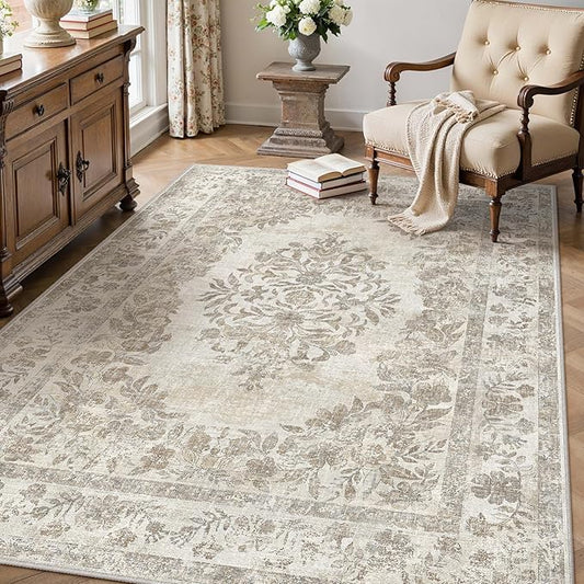 PureCozy 4x6 Area Rug Beige Washable Office Vintage Distressed Carpet Bedroom Indoor Medallion Floral Living Room Non Slip Retro Throw Floor Mat for Dining Room Kitchen Bathroom