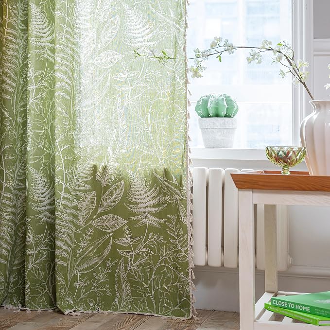 Sutuo Home Boho Curtain 84 Inches Length for Bedroom, Printed Cotton Linen Rod Pocket Rustic Farmhouse Bohemian Tassels Window Treatment, 1 Panel 59" W x 84" L, Green Tropical Leaves