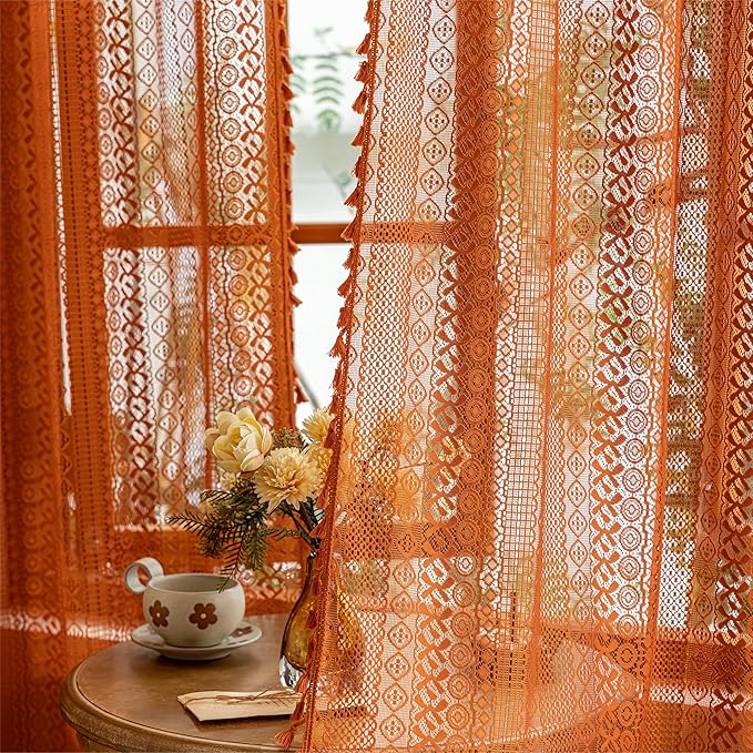 Sutuo Home Boho Lace Curtains 2 Panels for Living Room Bedroom, Orange Semi Sheer Curtains Privacy Vintage Chic Tassels Bohemian Style French Country Rod Pocket Halloween Decor, 50" x 90" Terracotta
