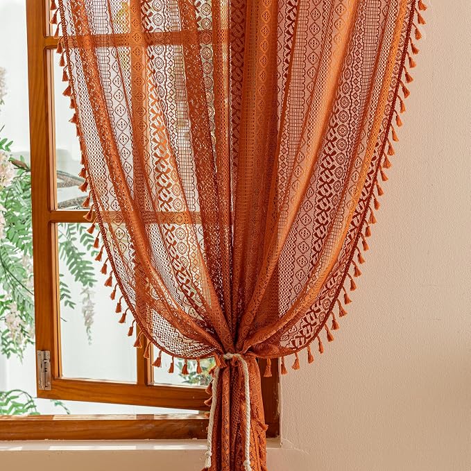 Sutuo Home Sheer Lace Boho Curtains 2 Panels for Living Room Home Office, Burnt Orange Window Curtains Farmhouse Privacy Vintage Chic Tassels Rustic Halloween Decor Rod Pocket, 50" x 102" Terracotta