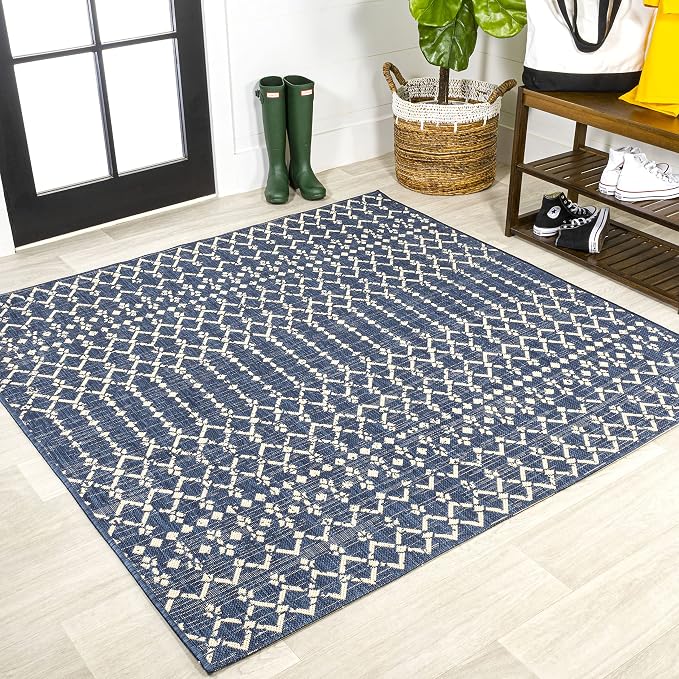 JONATHAN Y Moroccan Geometric Indoor Outdoor Square Area Rug 3X3 Navy/Beige, Ourika Textured Weave for Backyard, Patio, Porch, Easy-Cleaning, High Traffic, Pet-Friendly, Non-Shedding (SMB108K-3SQ)