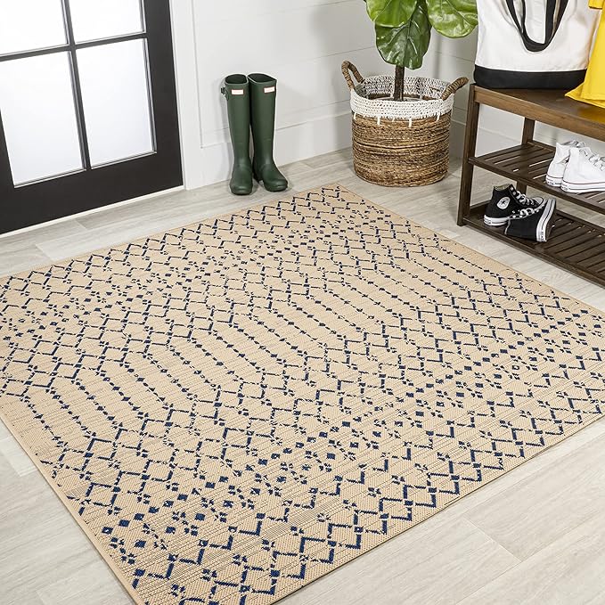 JONATHAN Y Moroccan Geometric Indoor Outdoor Square Area Rug 4X4 Beige/Navy, Ourika Textured Weave for Backyard, Patio, Porch, Easy-Cleaning, High Traffic, Pet-Friendly, Non-Shedding (SMB108H-4SQ)