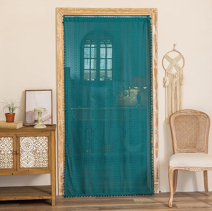Sutuo Home Boho Sheer Doorway Curtain for Doorway Closet, Lace Door Curtain for Patio Front Door Crochet Vintage Tassels Bohemian Privacy Temporary Room Divider Rod Pocket,1 Panel 37" x 80" Teal