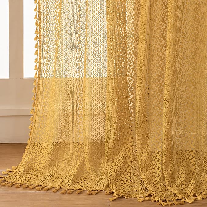 WAZZIO Boho Lace Curtains 72 Inches 2 Panel,Light Filtering Privacy Tassel & Geometry Crochet Semi Sheer Curtain Drapes for Bedroom Living Dining Room,Rod Pocket & Tassel,Mustard Yellow